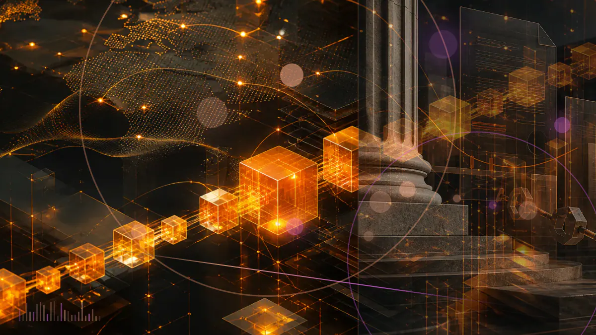 Conceptual illustration of an Ethereum network diagram being examined alongside a U.S. regulatory ledger