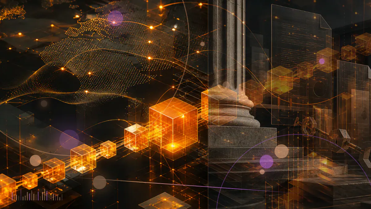 Conceptual illustration of a federal rulebook dividing binary prediction-market contracts across a blockchain-style grid
