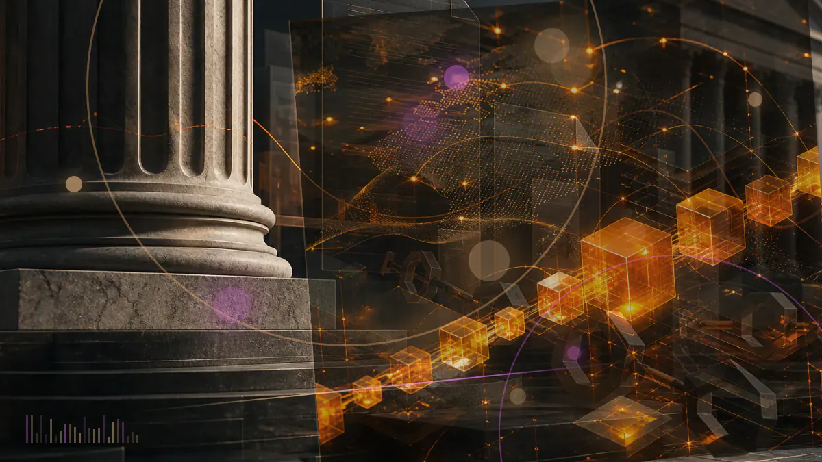 Conceptual illustration of a federal regulatory ledger confronting a state boundary around digital prediction-market contracts