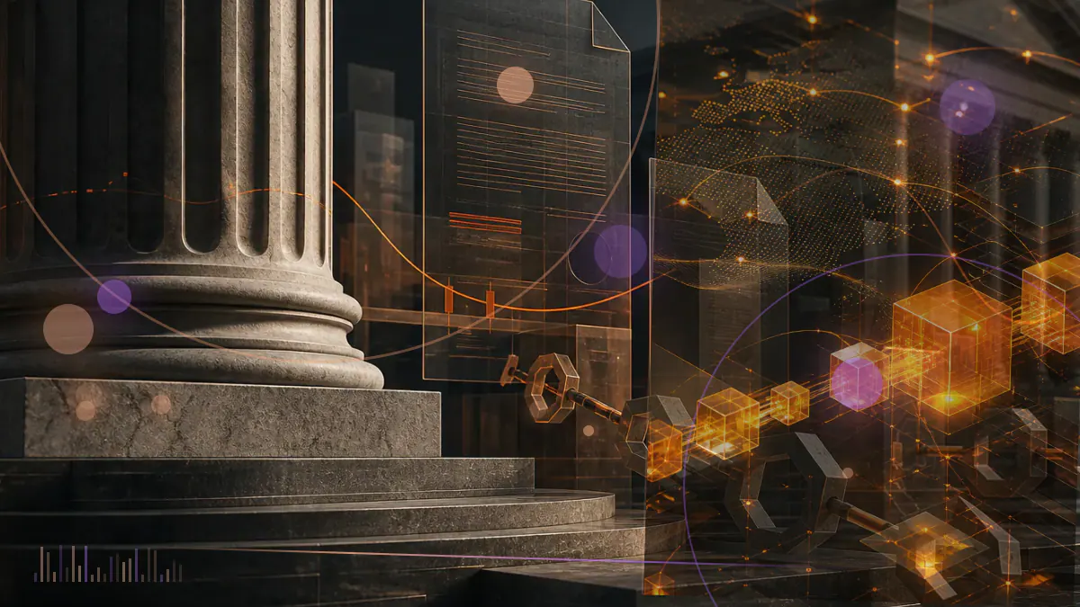 Conceptual illustration of federal and New York regulatory documents confronting each other across a prediction-market trading ledger