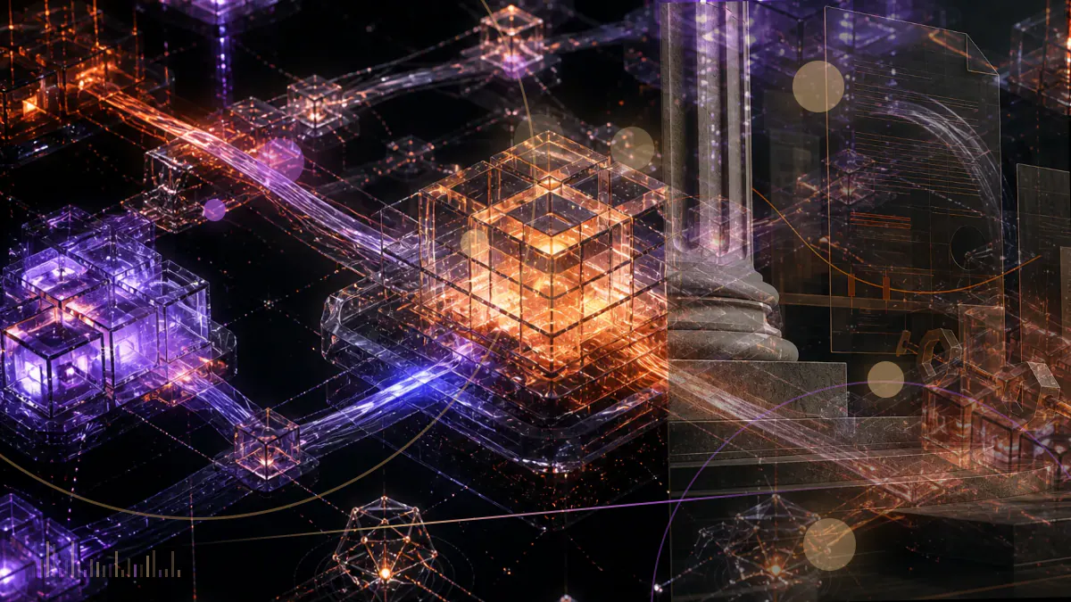 Conceptual illustration of decentralized-finance smart contracts, liquidity pools and governance tokens facing a federal regulatory hearing panel