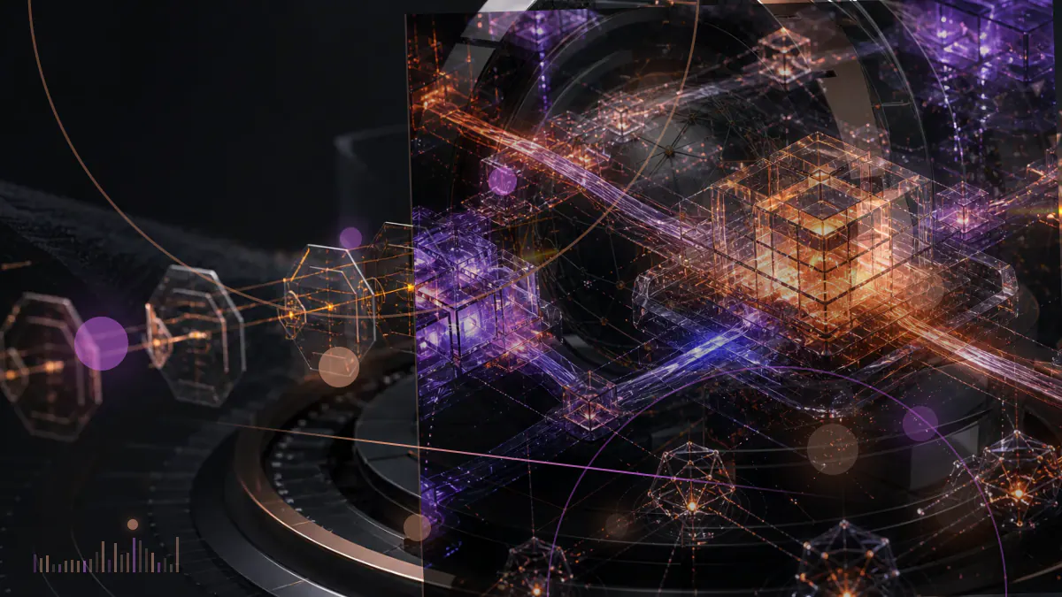 Conceptual illustration of cryptocurrency transactions flowing through a dark analytical network with a small cluster highlighted as illicit activity