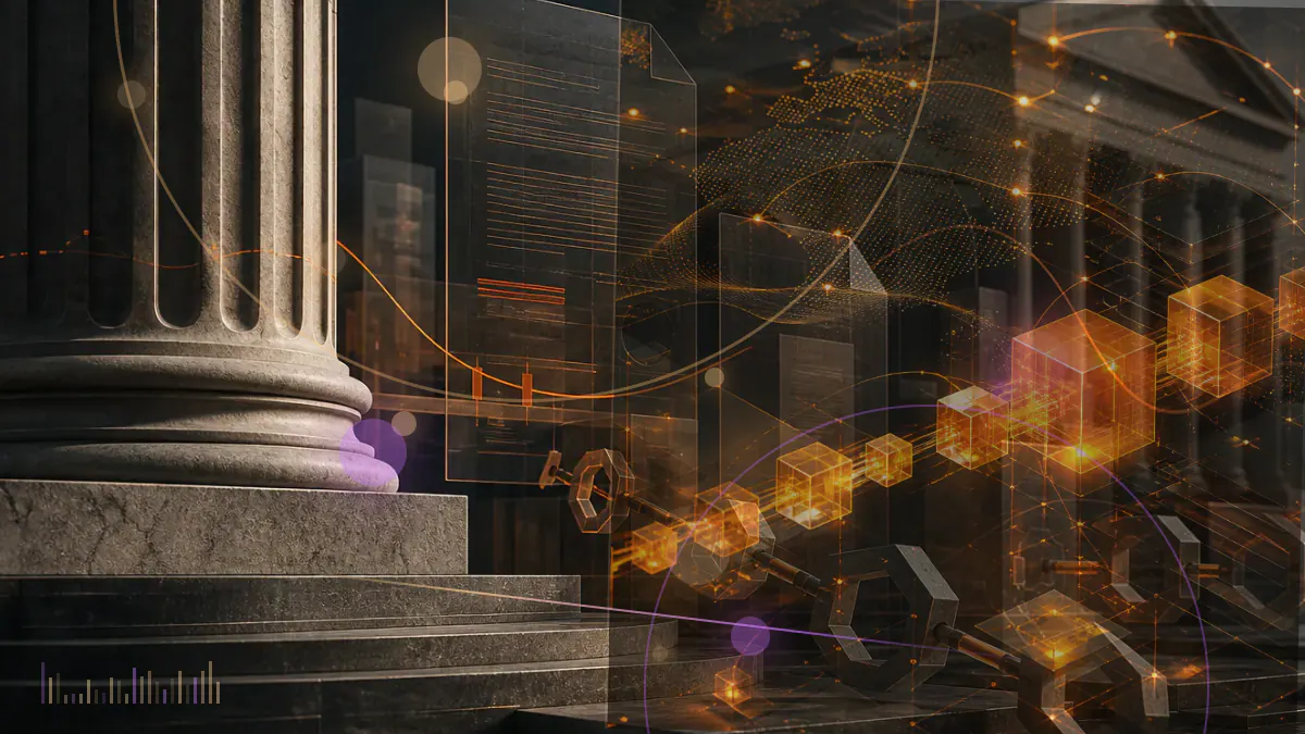 Conceptual illustration of a large wave of bitcoin moving through a blockchain ledger toward cryptocurrency exchanges during a market sell-off