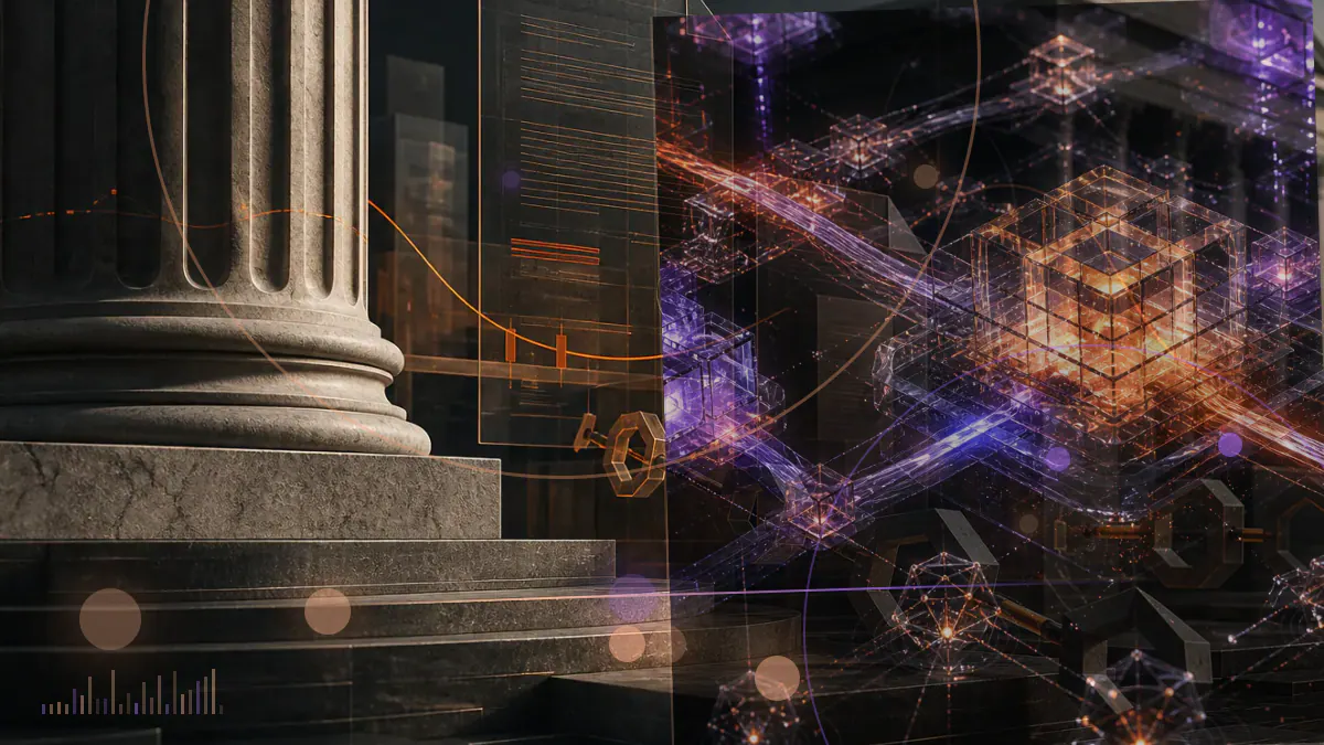 Conceptual illustration of a Chainlink token rising sharply above a flat Bitcoin market line beside institutional data feeds