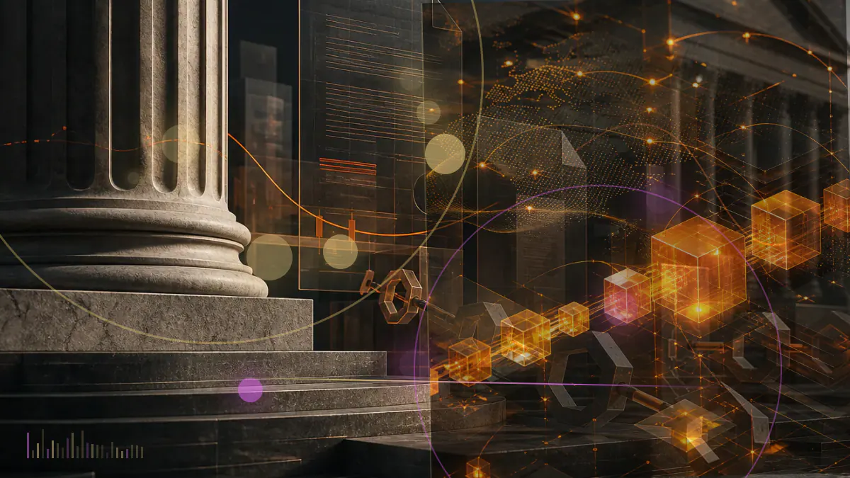 Conceptual illustration of a Chinese legislative document linking encrypted data, commercial security systems and a blockchain network