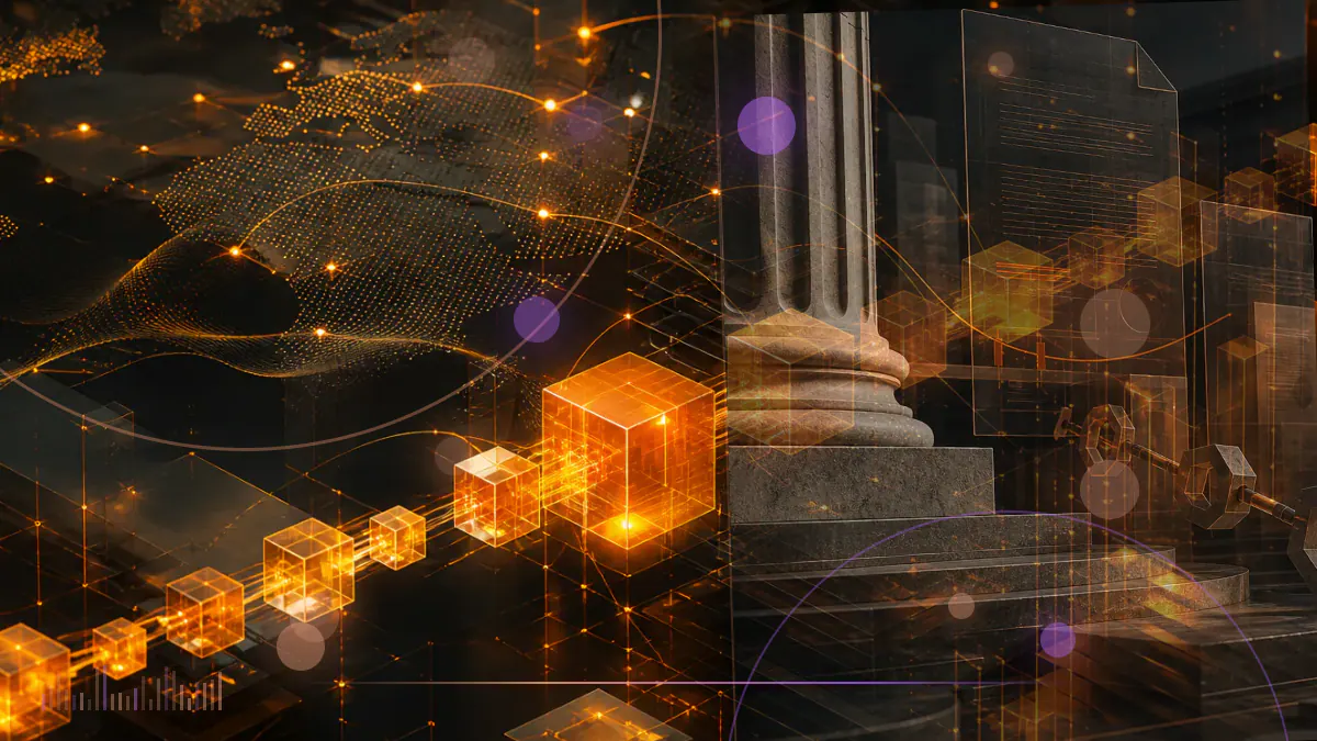 Conceptual illustration of a descending bitcoin market chart beside Chinese regulatory documents and inspection markers
