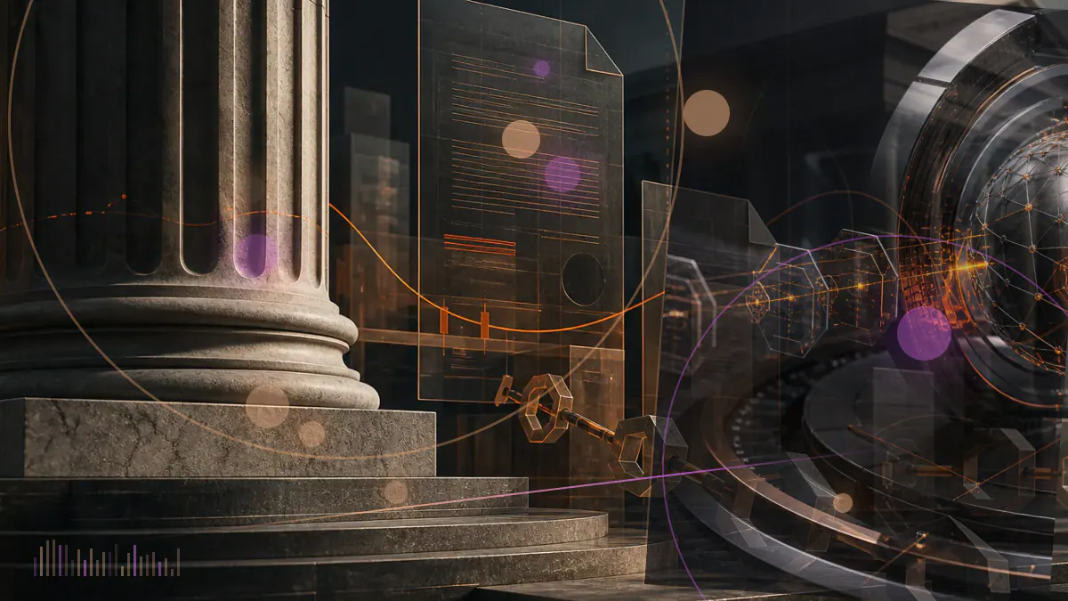 Conceptual illustration of a circular Bitcoin-code artwork paired with an Ethereum token inside a traditional auction gallery