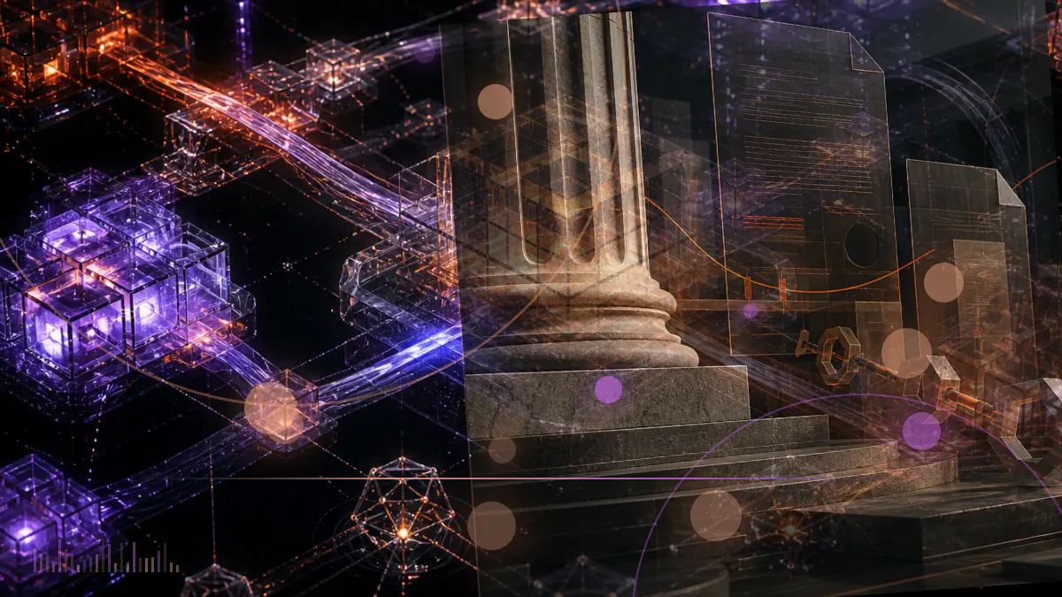 Conceptual illustration of USDC governance keys and blockchain connections moving from a joint consortium to Circle while Coinbase retains an equity link