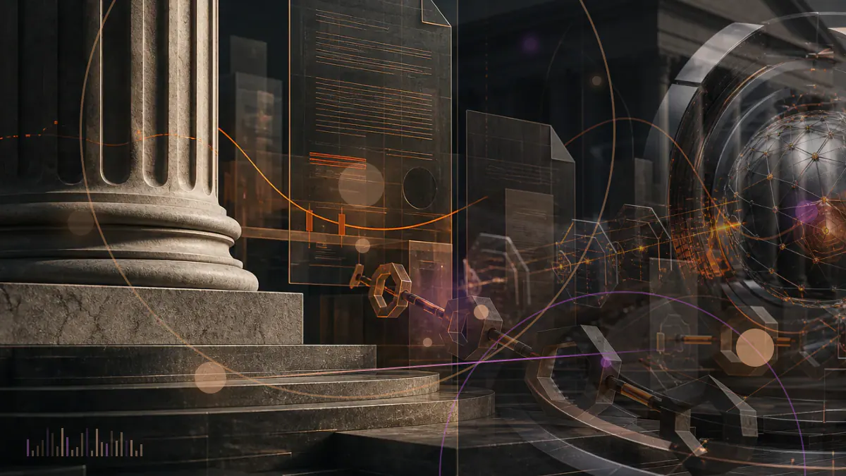 Conceptual illustration of a USDC token network connecting to an institutional financing structure and the New York Stock Exchange