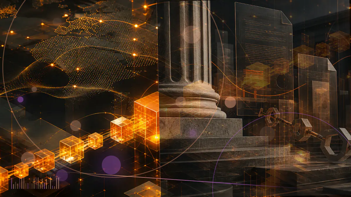 Conceptual illustration of USDC tokens entering an expanding public-stock offering connected to the New York Stock Exchange