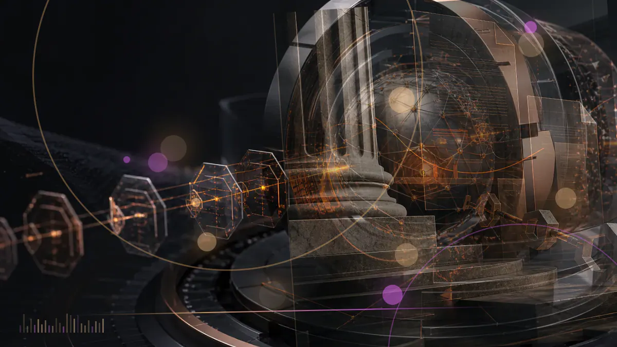 Conceptual illustration combining a Capitol silhouette, a bitcoin symbol and abstract fund-flow pathways.