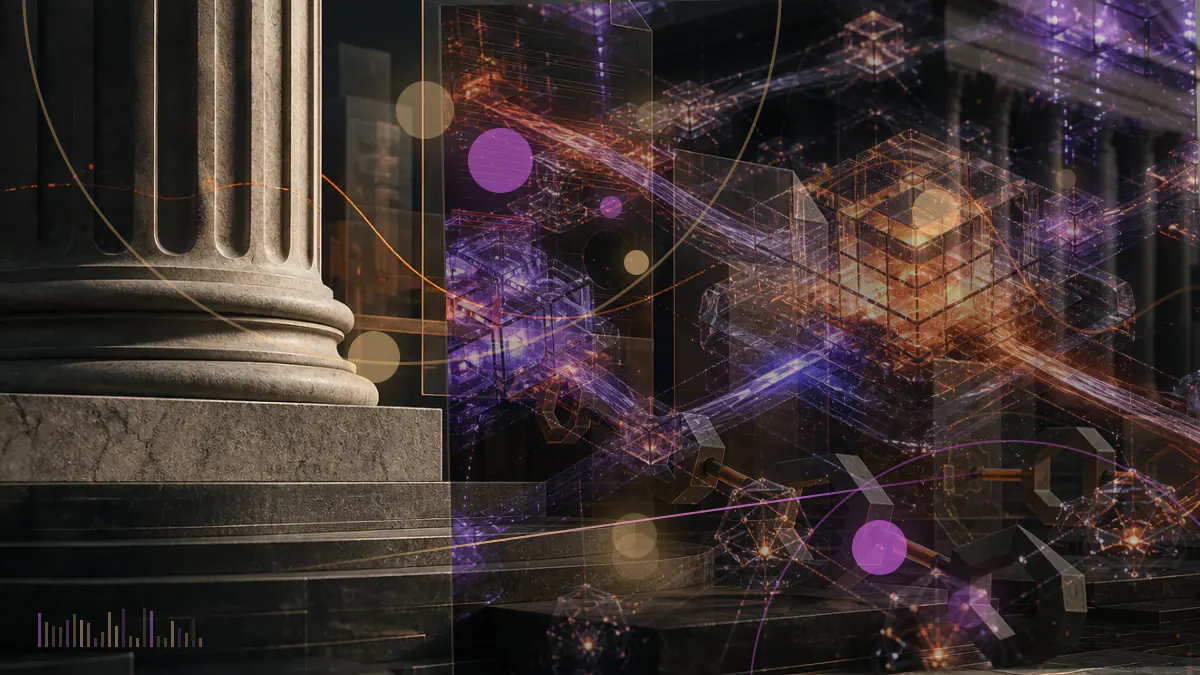 Conceptual illustration of a digital token moving between centralized and decentralized network structures beside a regulatory legal test