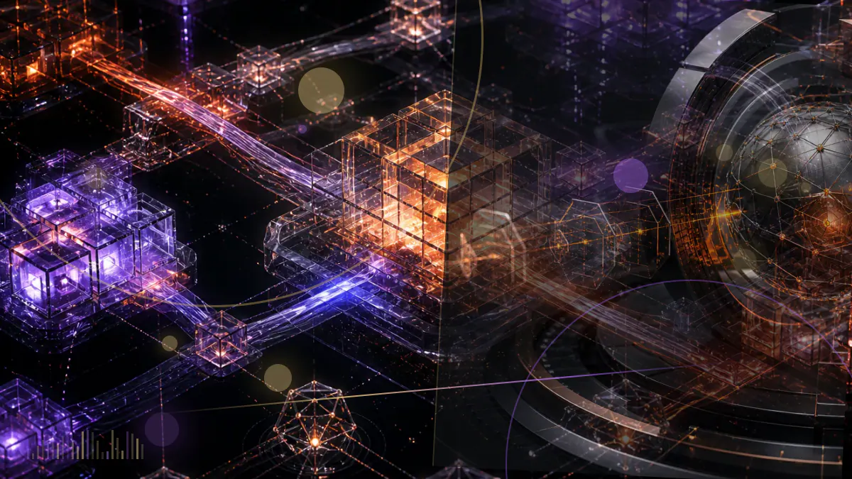Conceptual illustration of nine financial institutions connecting to compliance and post-trade applications through a permissioned distributed-ledger network