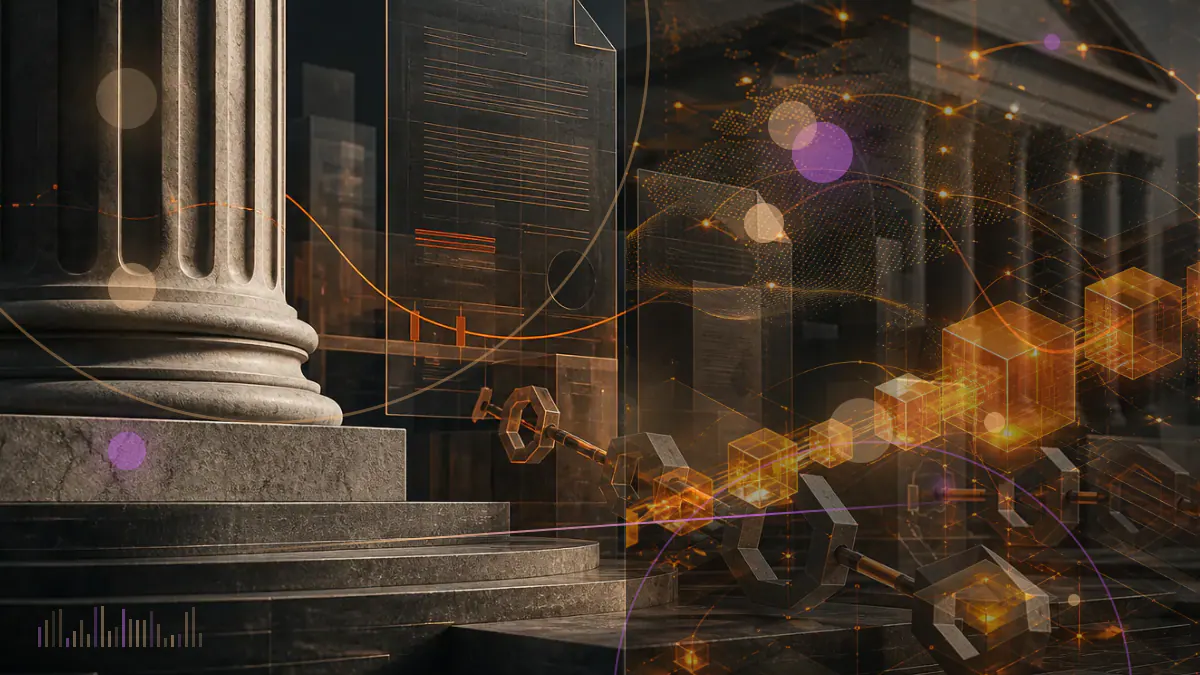 Conceptual illustration of ADA, LINK and XLM symbols entering a regulated futures exchange and clearing network