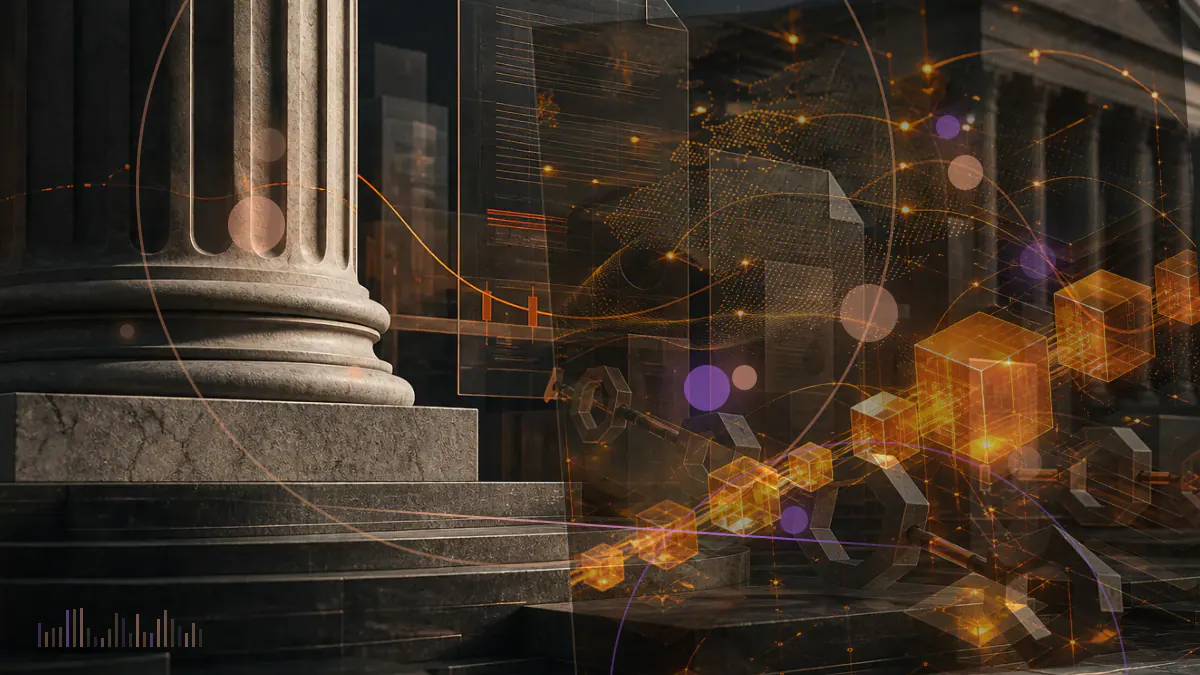 Conceptual illustration of bitcoin futures contracts flowing through a regulated derivatives exchange as trading volume rises