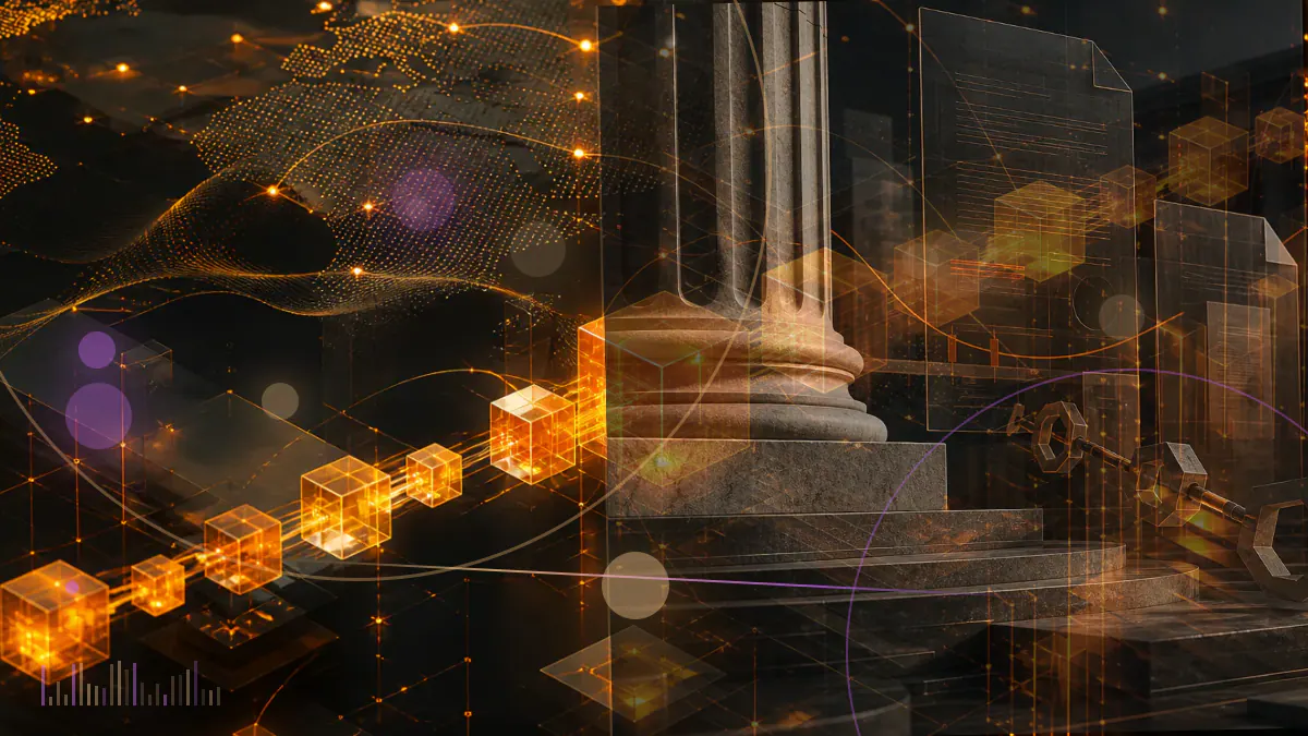 Conceptual illustration of a federal legal filing, cryptocurrency tokens and a fractured automated trading dashboard