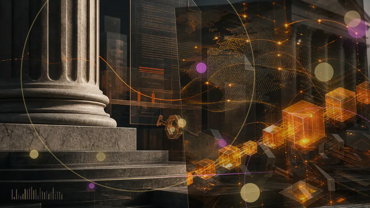 Conceptual illustration of a cryptocurrency exchange examining connected blockchain transactions through an institutional compliance system