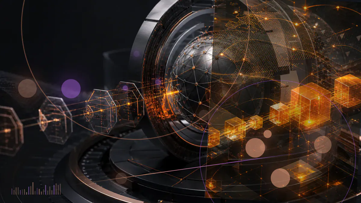 Conceptual illustration of two cryptocurrency technology networks combining around a digital inbox and exchange platform