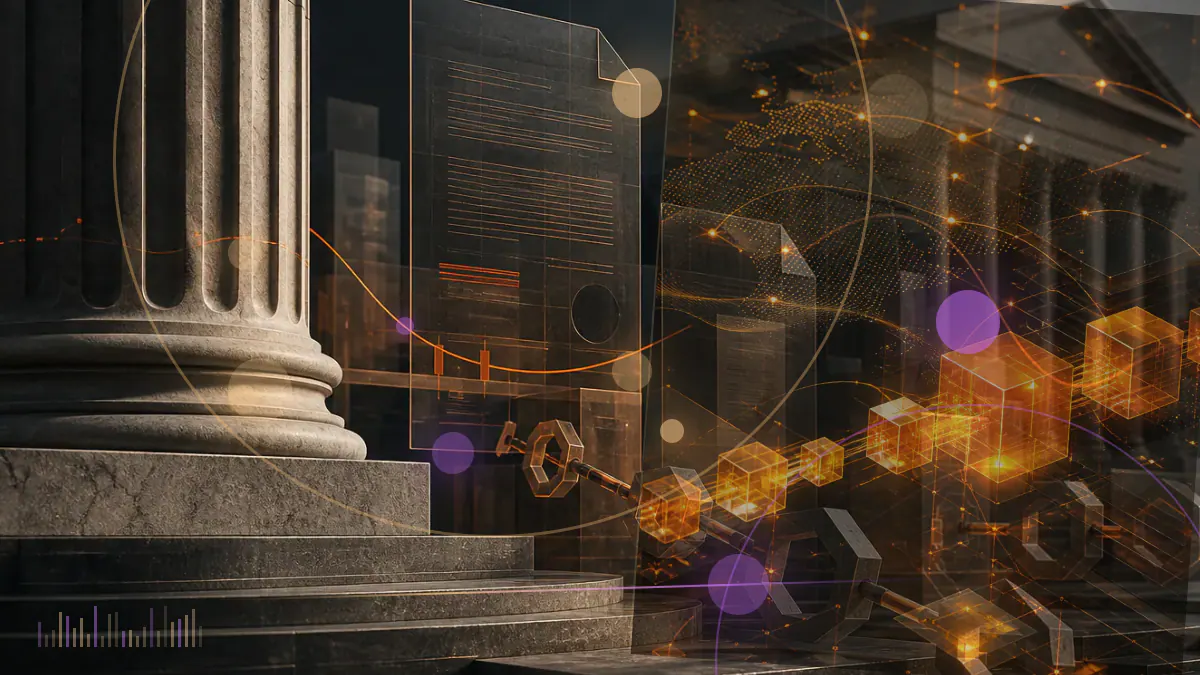Conceptual illustration of a cryptocurrency exchange ledger and digital tokens facing a federal courthouse and regulatory document