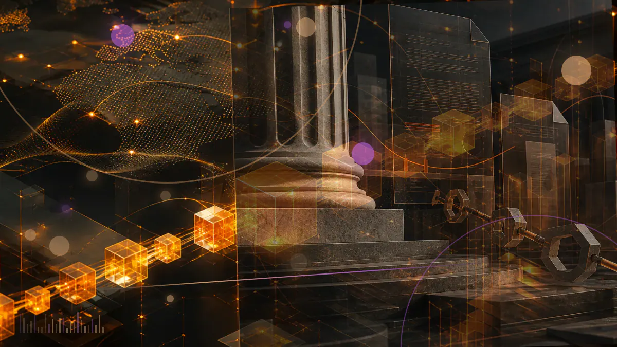 Conceptual illustration of a regulated derivatives trade moving through Coinbase exchange, brokerage and clearing layers