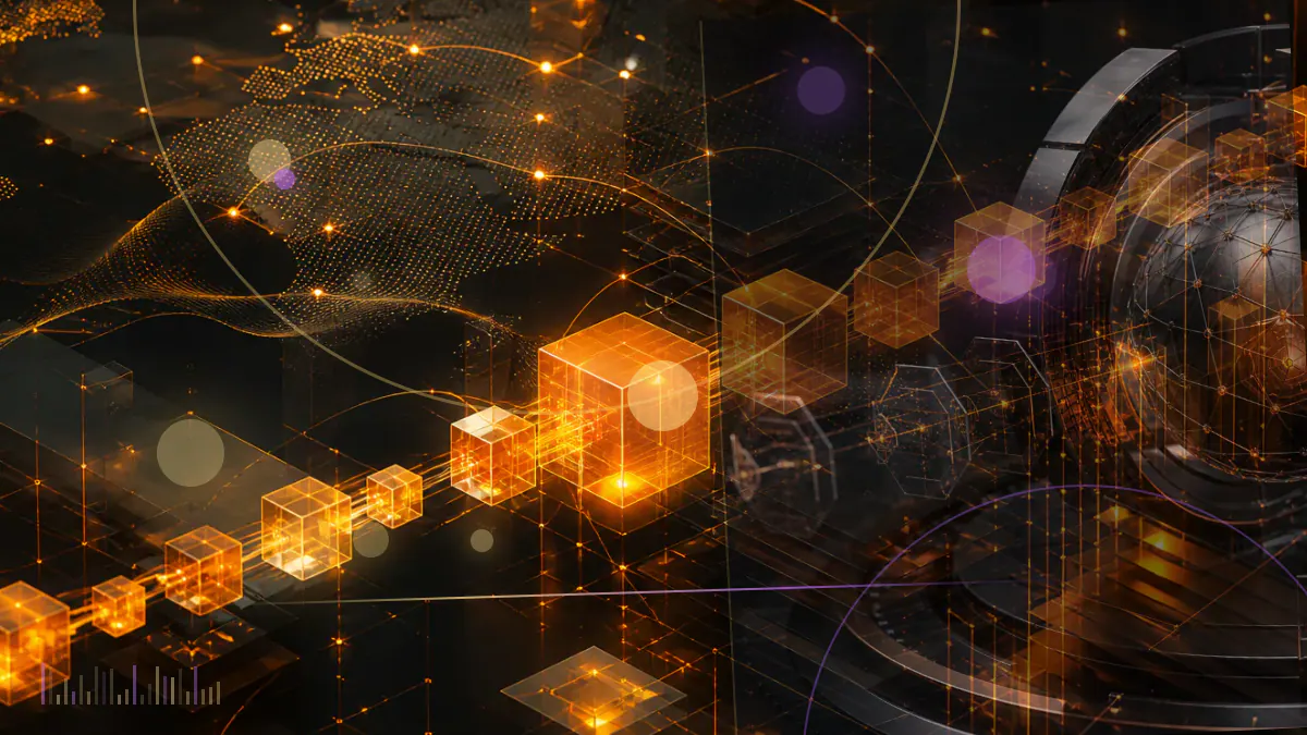 Conceptual illustration of a cryptocurrency exchange office contracting around a digital trading network and descending market chart