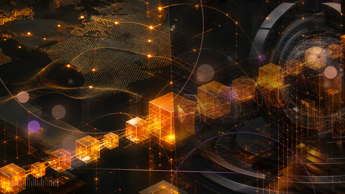 Conceptual illustration of a Coinbase office and cryptocurrency trading network contracting as employee positions and projects are removed