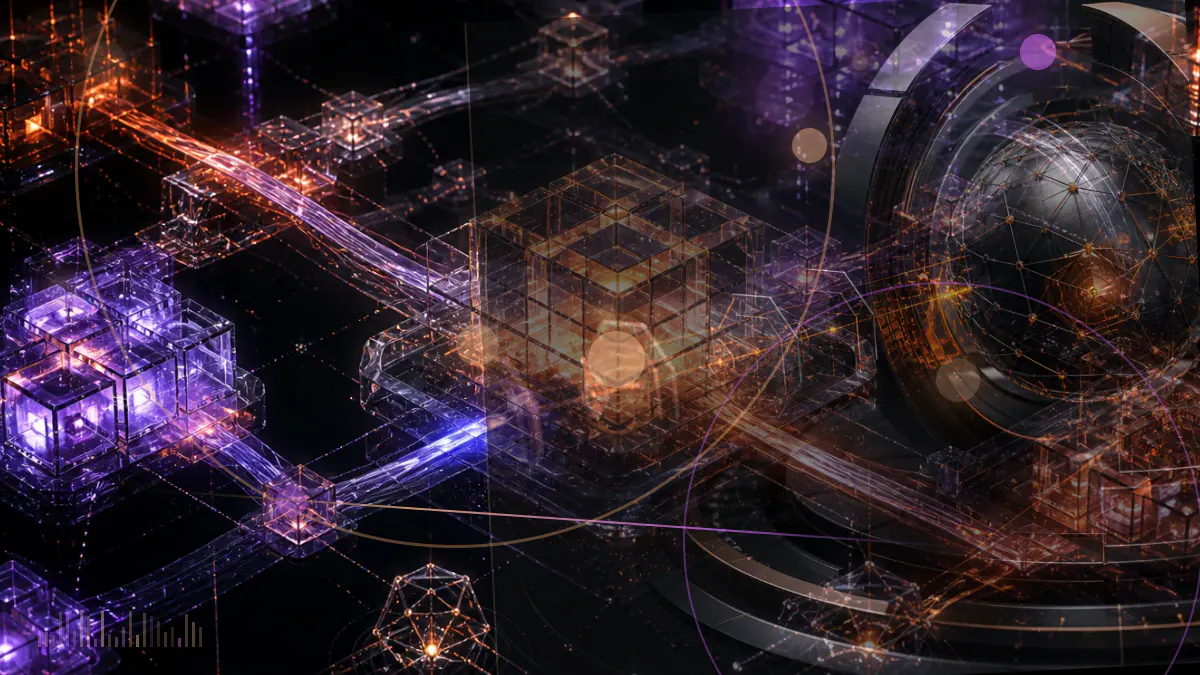 Conceptual illustration of a cryptocurrency exchange entering a luminous public stock-market network