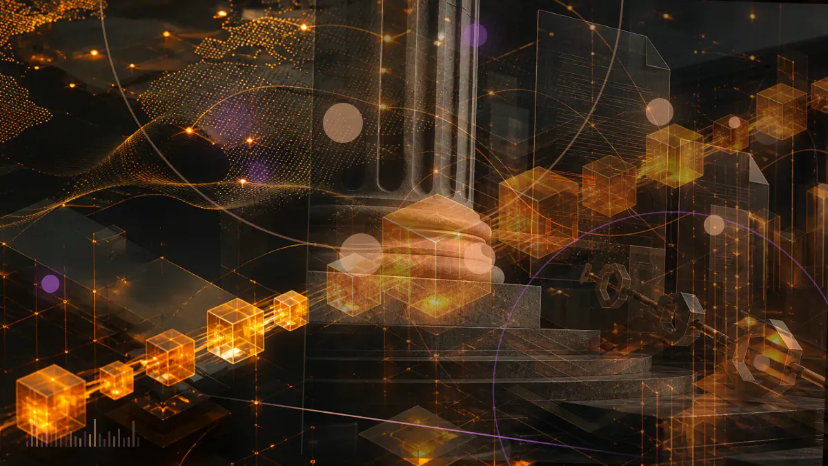 Conceptual illustration of an Ethereum Classic blockchain splitting into competing histories while an exchange suspends settlement