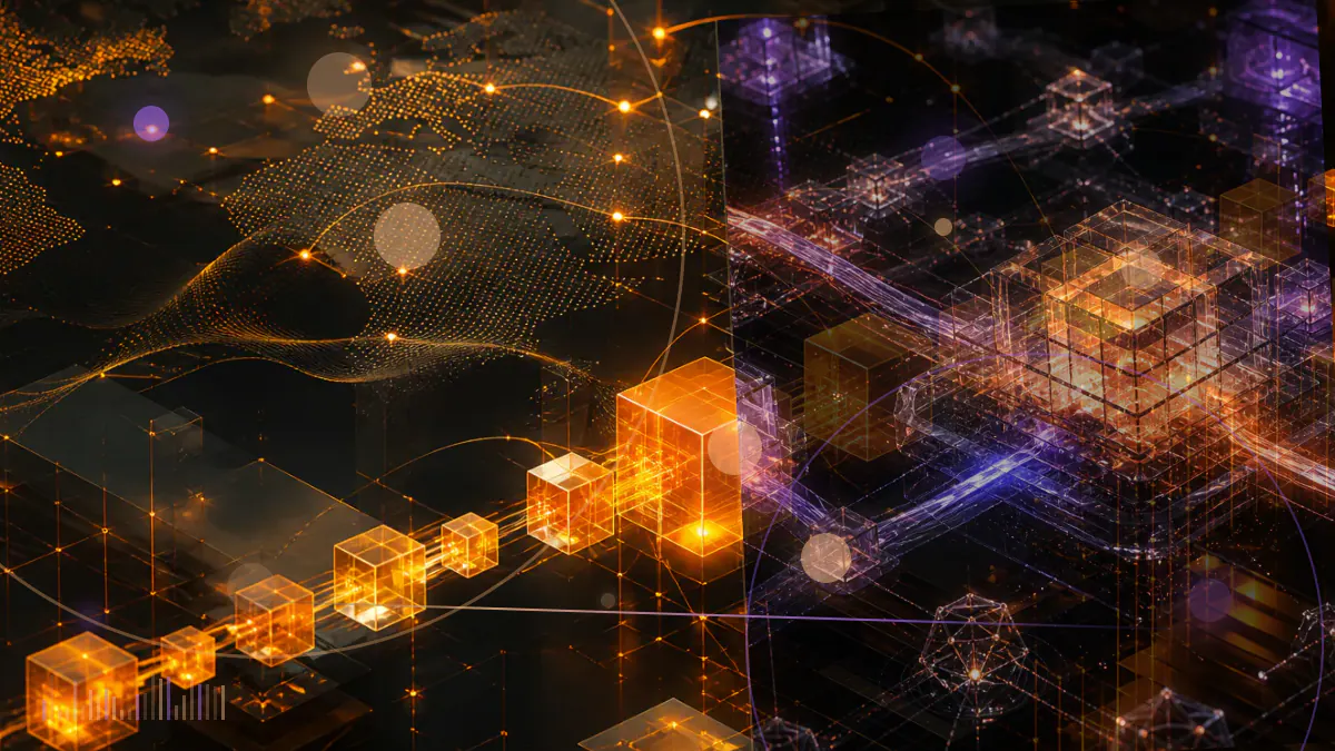 Conceptual illustration of technology shares, Coinbase stock and bitcoin and ether ETF exposures converging in a regulated futures contract