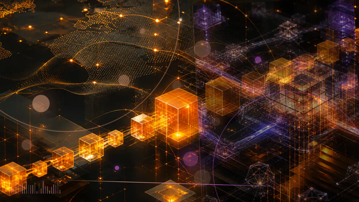 Conceptual illustration of Ethereum transaction blocks flowing into a blue layer-two network representing Base