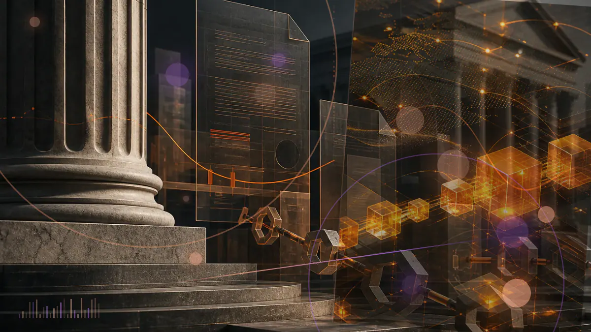 Conceptual illustration of a cryptocurrency exchange document facing a U.S. regulatory seal, with digital-asset and staking symbols in the background
