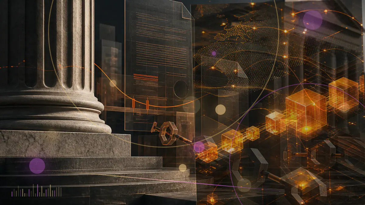 Conceptual illustration of a cryptocurrency exchange ledger with trading-volume bars receding behind diversified revenue streams