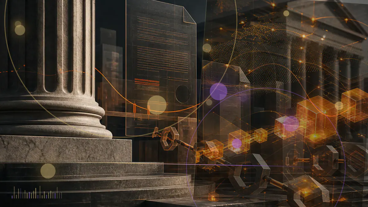 Conceptual illustration of an institutional cryptocurrency exchange connecting trading, custody, derivatives and stablecoin payment rails