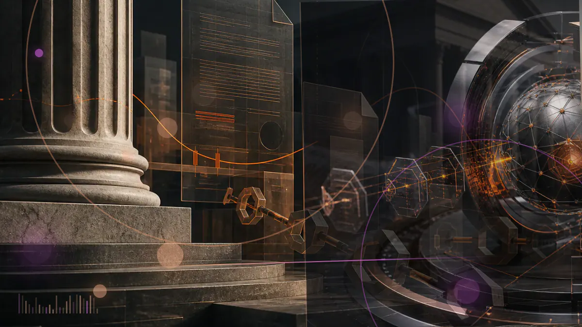 Conceptual illustration of multiple blockchain ledgers connecting through a shared standardized interface