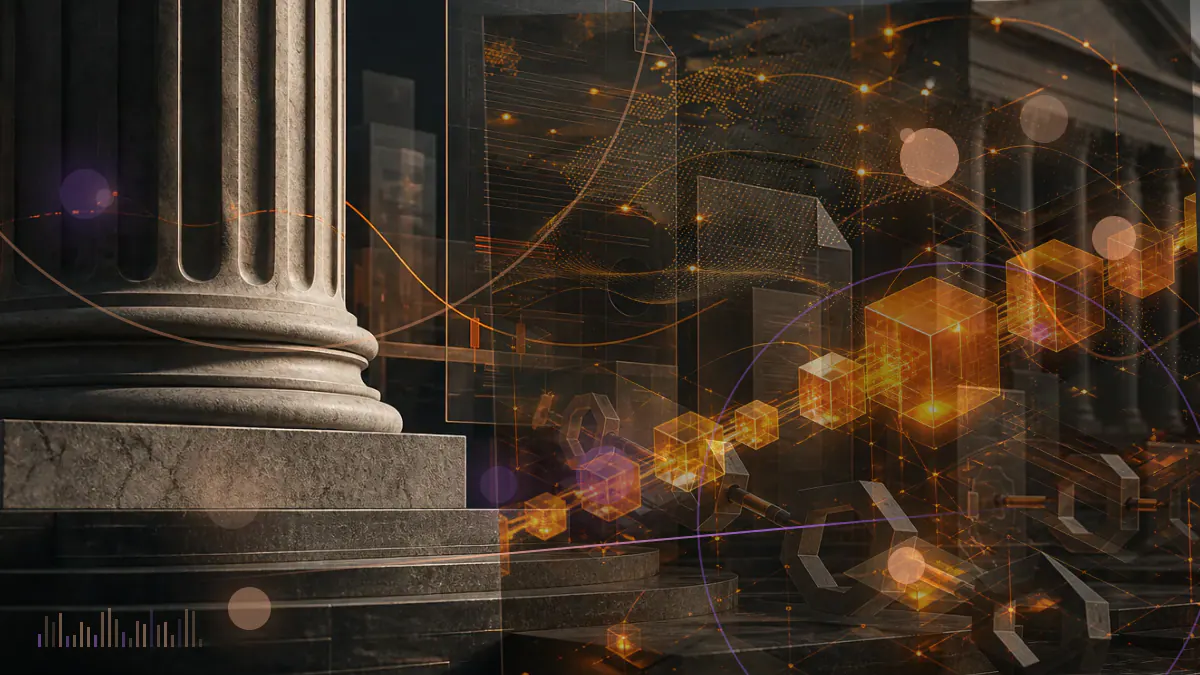 Conceptual illustration of a cryptocurrency exchange and federal courthouse separated by a legal ledger representing disputed securities classifications