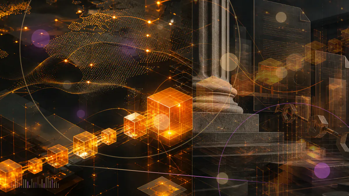 Conceptual illustration of Coinbase shares entering an institutional equity index alongside digital-asset market symbols