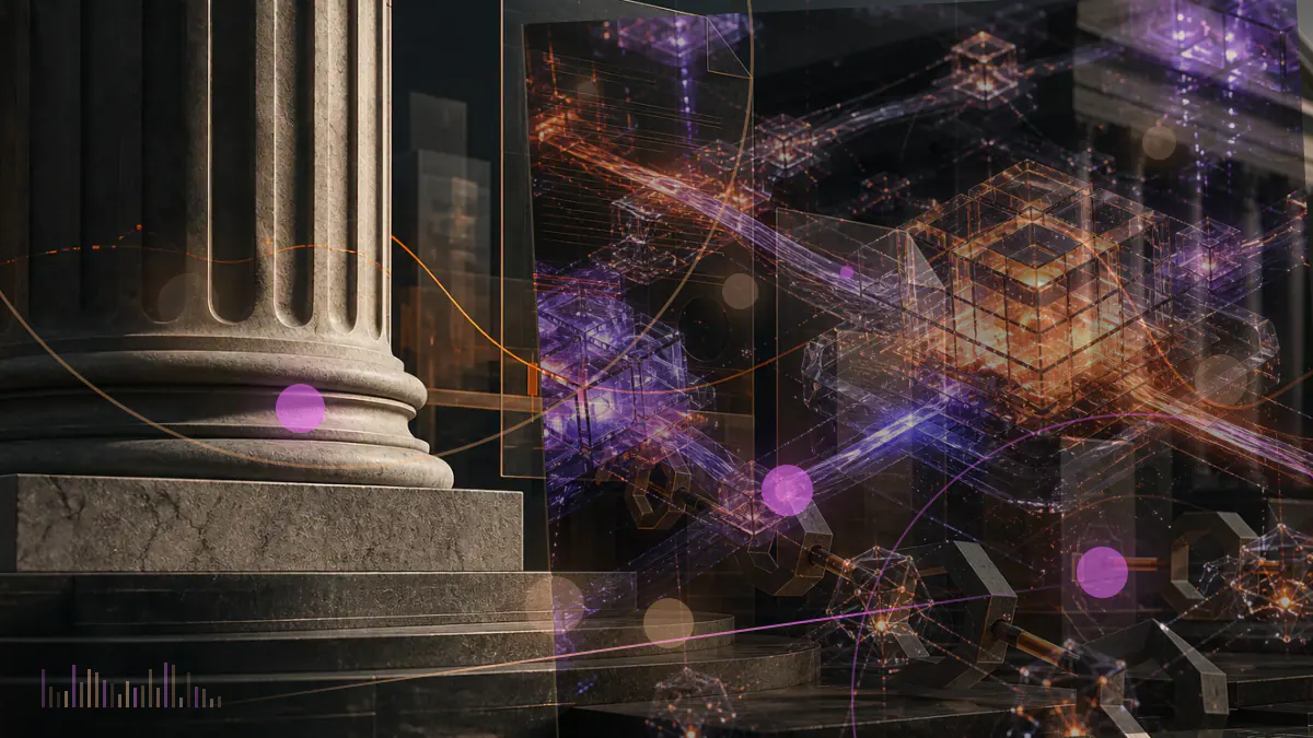 Conceptual illustration of tokenized stock certificates, cryptocurrency tokens and an AI interface converging on a regulated trading platform