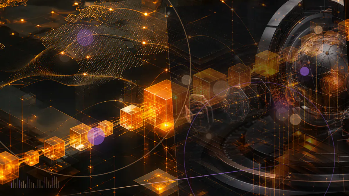 Conceptual illustration of a Bitcoin exchange terminal connected to court documents and cross-border fiat transfers