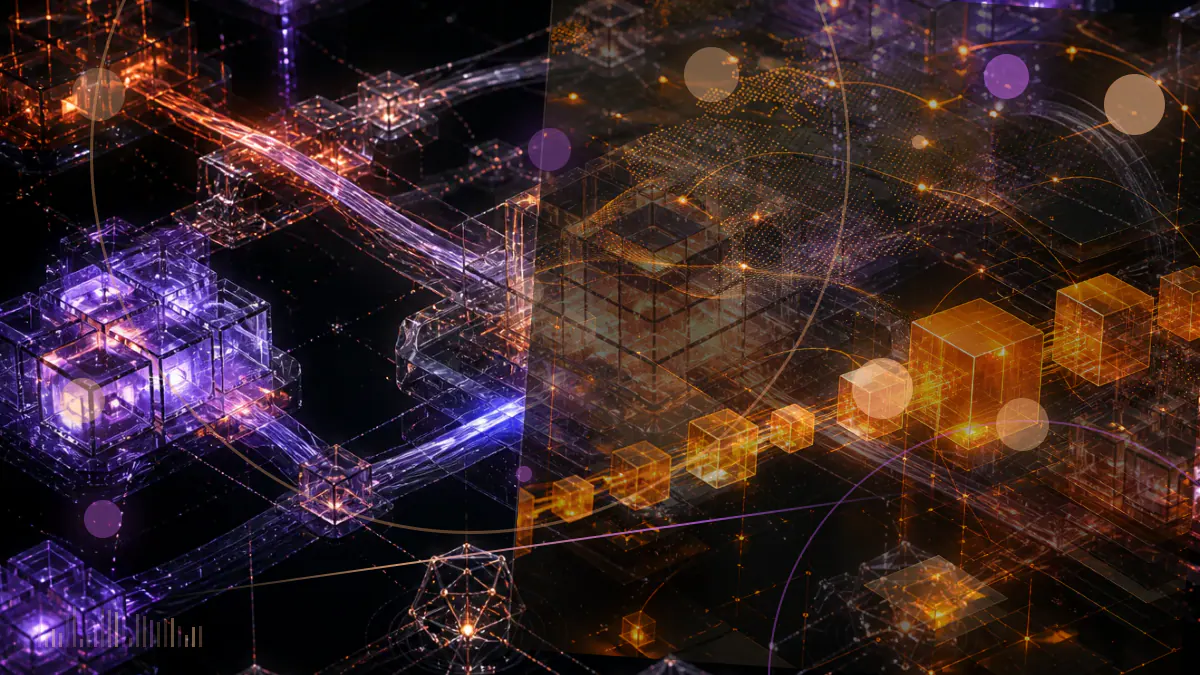 Conceptual illustration of a courthouse dividing a community bank from a digital-asset trust institution