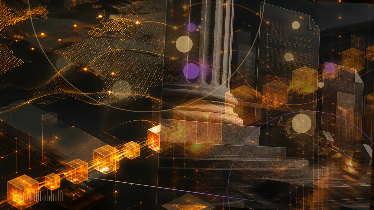 Conceptual illustration of COMP governance tokens flowing through an Ethereum lending network as Compound rises above competing DeFi protocols