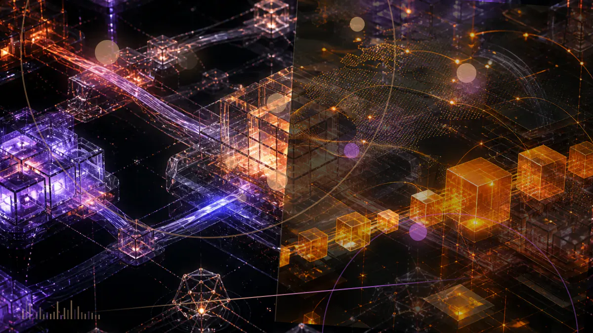 Conceptual illustration of a fractured governance mechanism releasing COMP tokens from a smart-contract ledger
