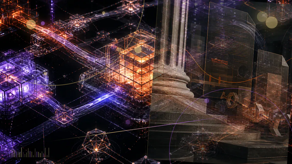 Conceptual illustration of a congressional hearing table connected to cryptocurrency tokens, a regulatory ledger and a decentralized blockchain network