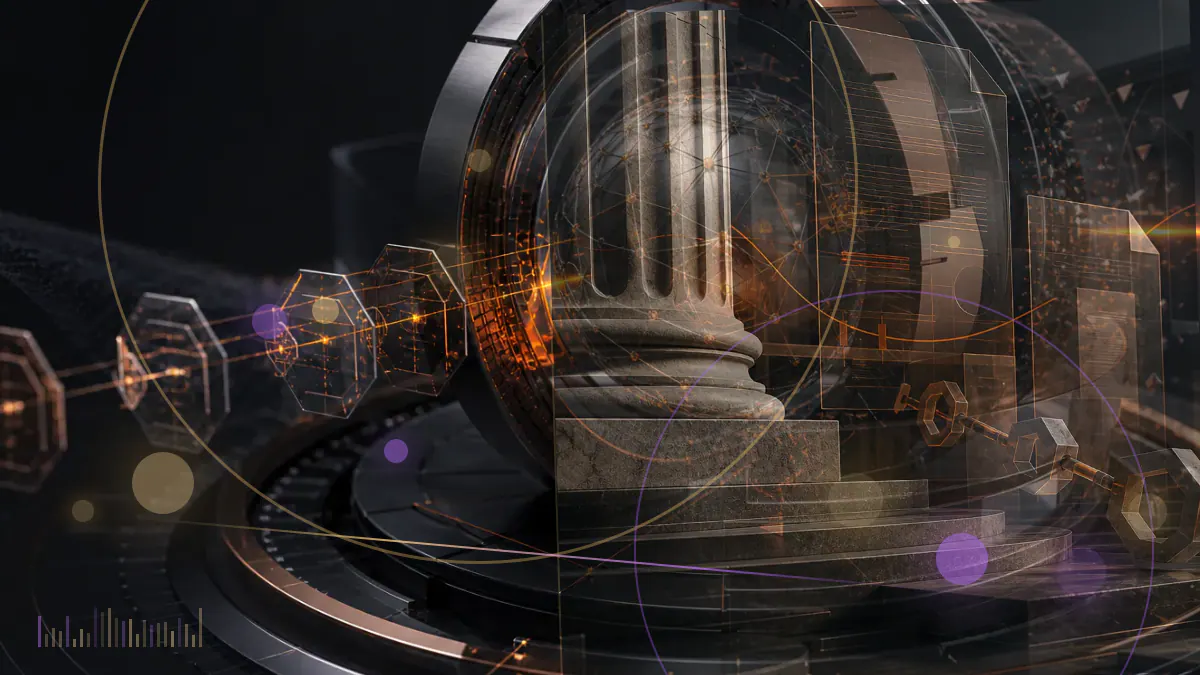 Conceptual illustration of an enterprise Ethereum blockchain transferring from a JPMorgan bank tower to the ConsenSys software ecosystem