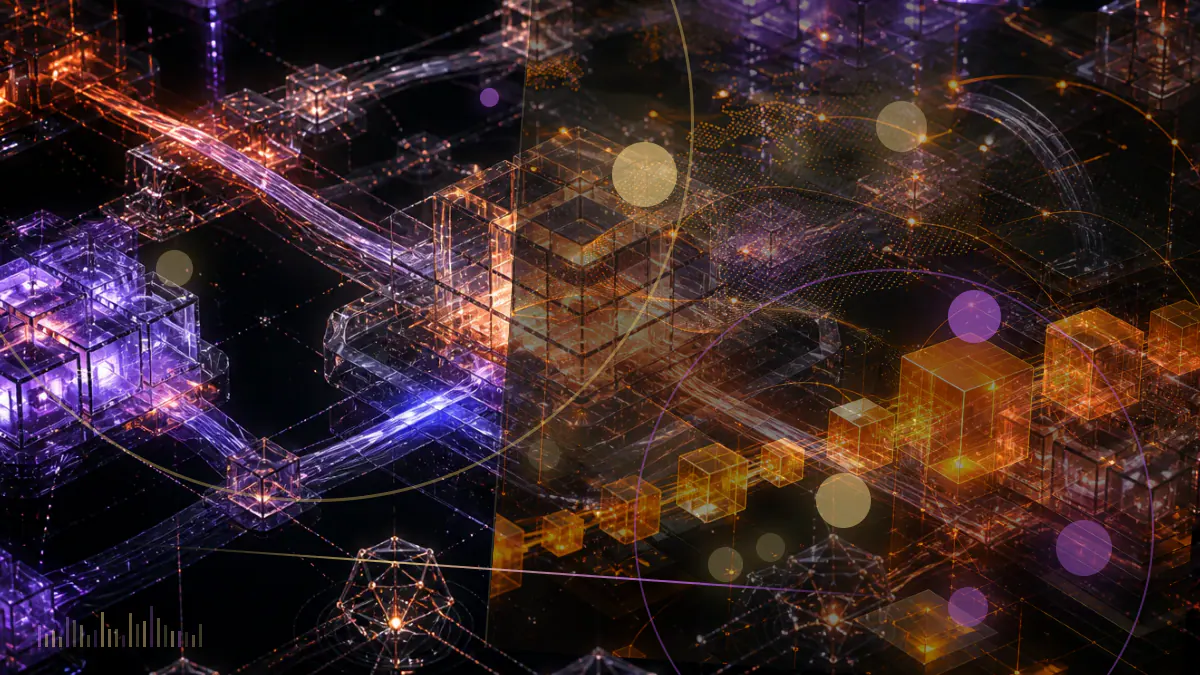Conceptual illustration of bitcoin-mining infrastructure being converted into illuminated AMD-powered artificial-intelligence data-center racks