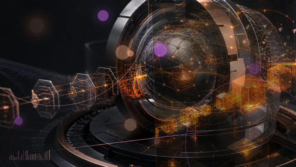 Conceptual illustration of interconnected Cosmos blockchain nodes surrounding an ATOM symbol and a descending inflation gauge