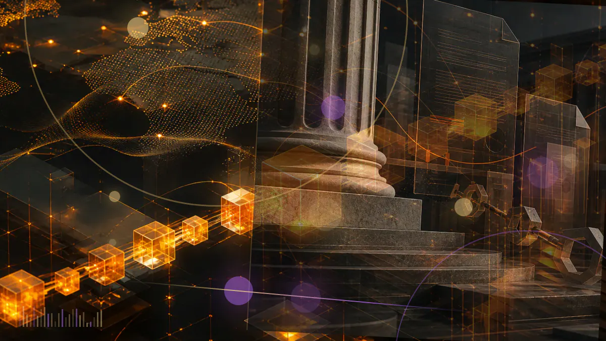 Conceptual illustration of an Ethereum network symbol beside an unresolved legal scale and federal court document