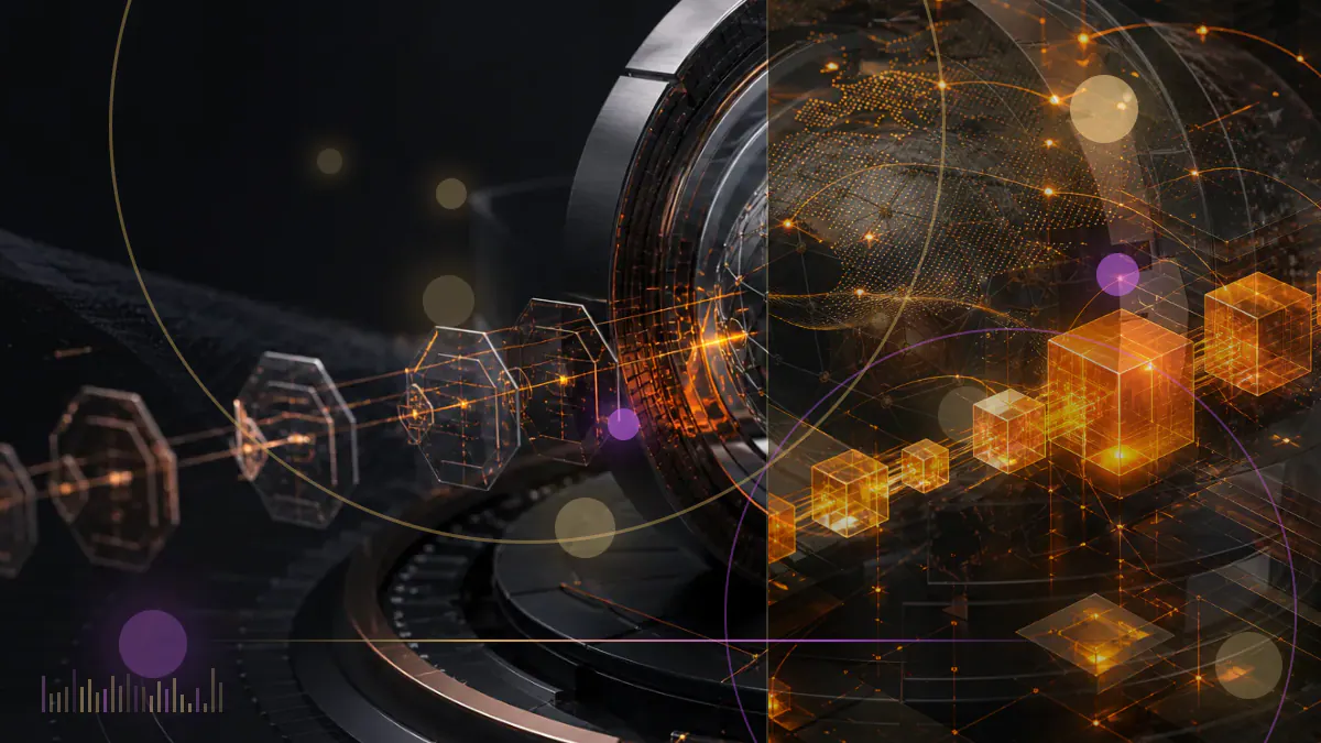 Conceptual courthouse columns framing blockchain liquidity pools and smart-contract exchange paths