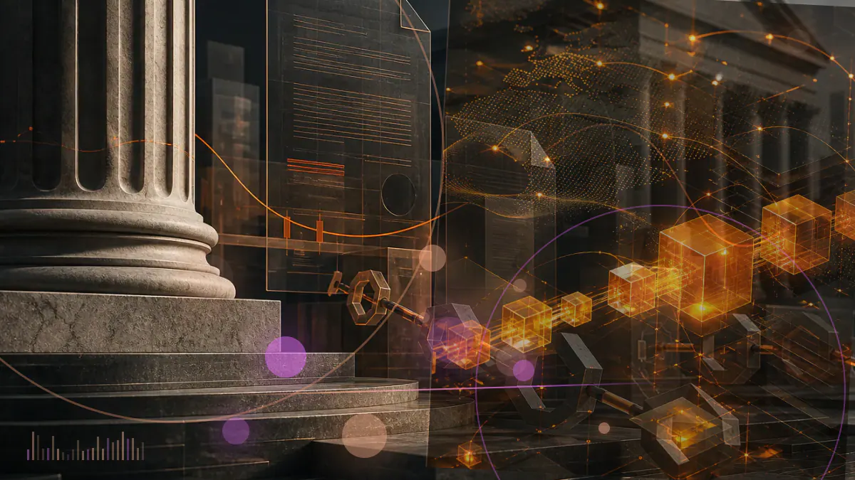 Conceptual illustration of federal court orders converging on a fractured cryptocurrency exchange and affiliated trading ledger