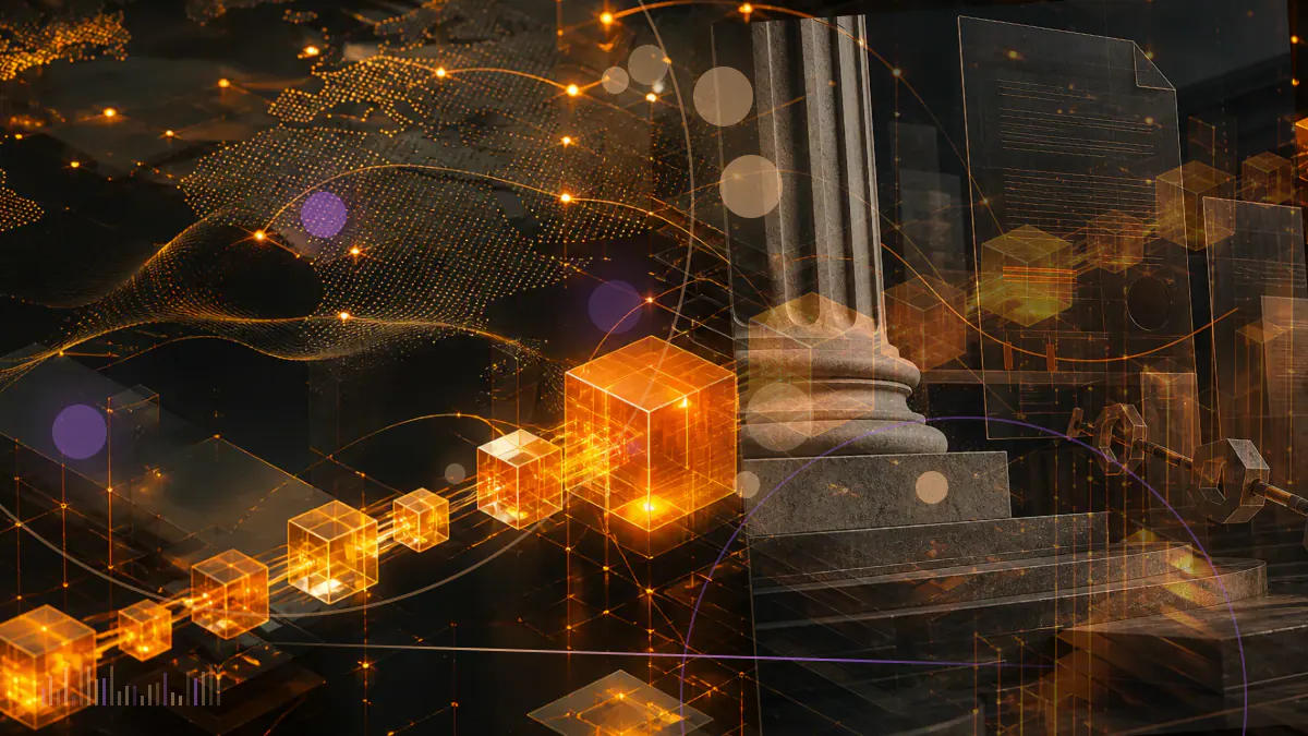 Conceptual illustration of a federal courthouse, a bitcoin symbol and institutional fund documents representing the Grayscale SEC ruling
