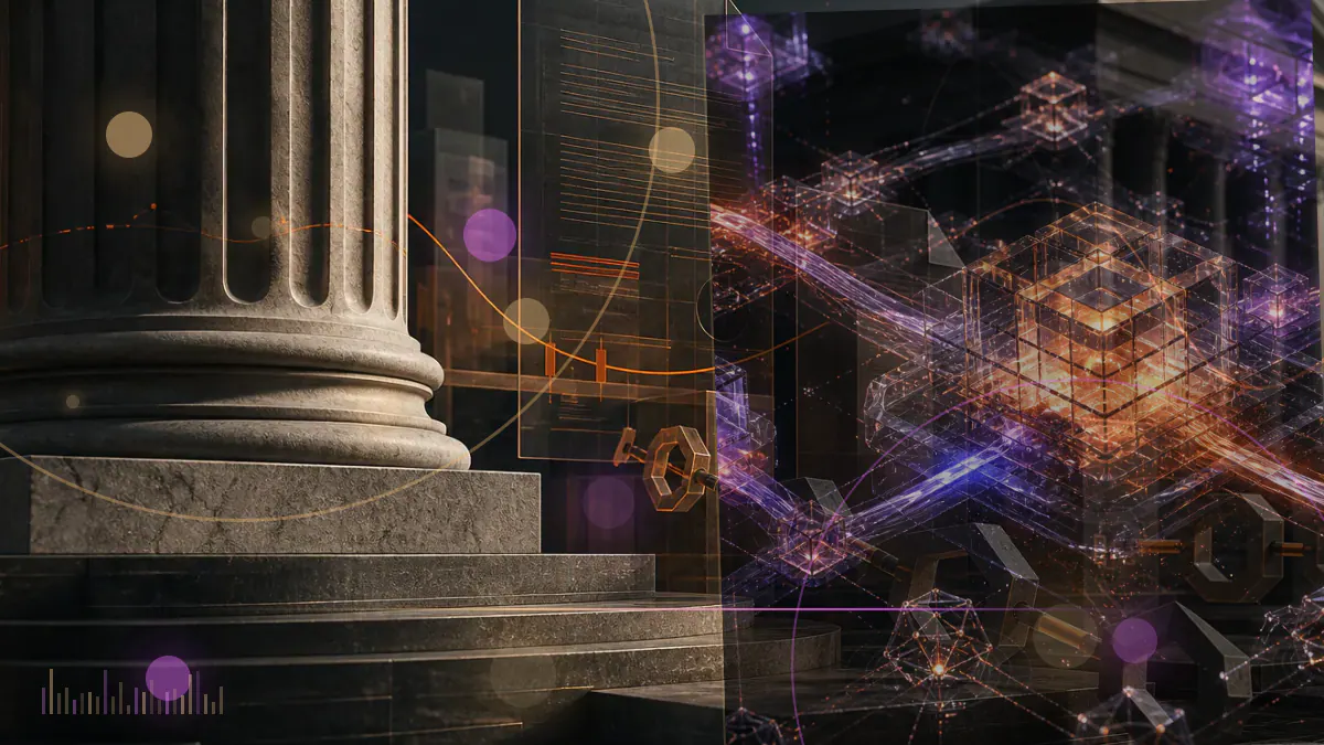 Conceptual illustration of a decentralized trading interface being diverted by a compromised domain-name route while blockchain contracts remain isolated